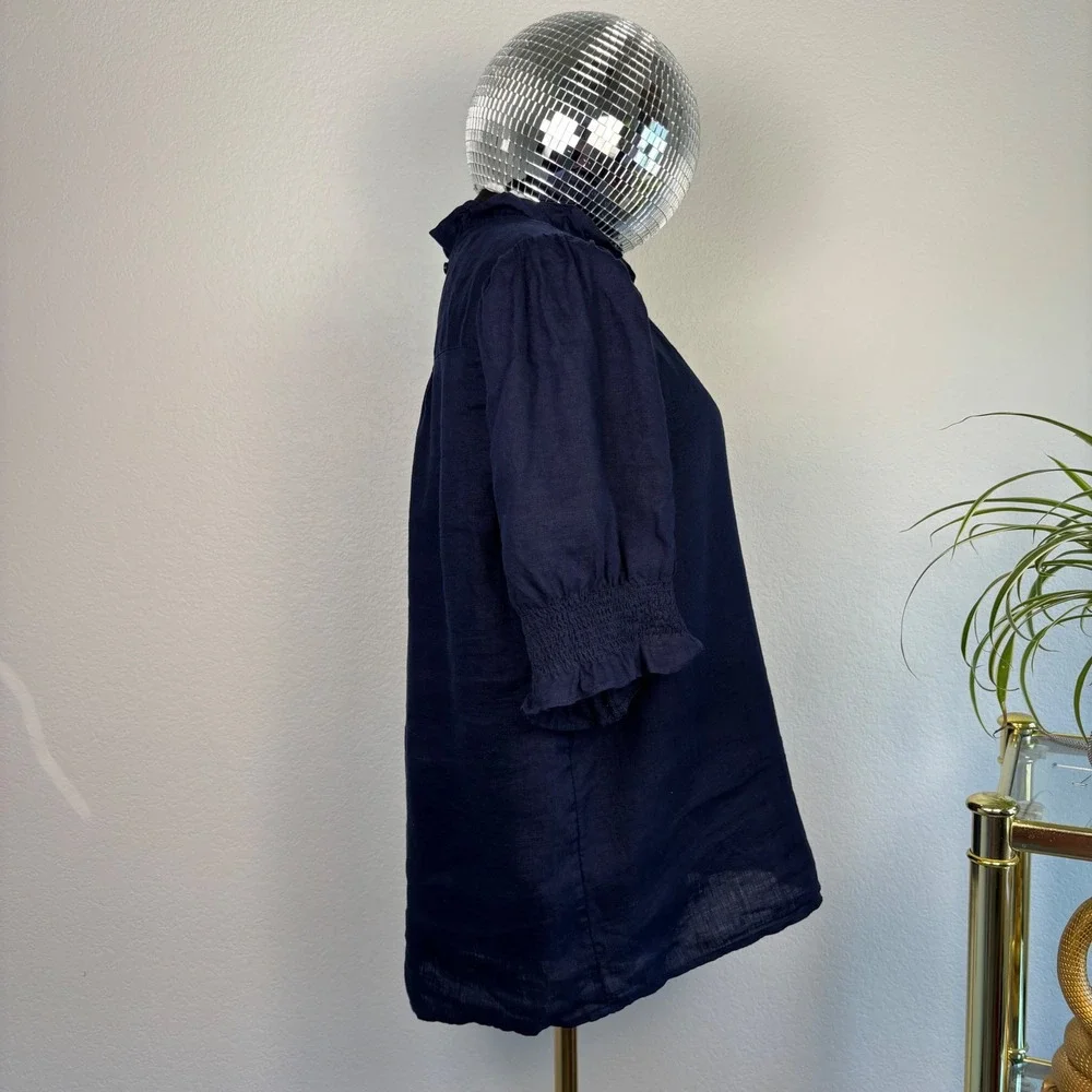 J.Crew 100% Linen Smocked Puff Sleeve Ruffle Top, Medium Navy Blue Preppy office